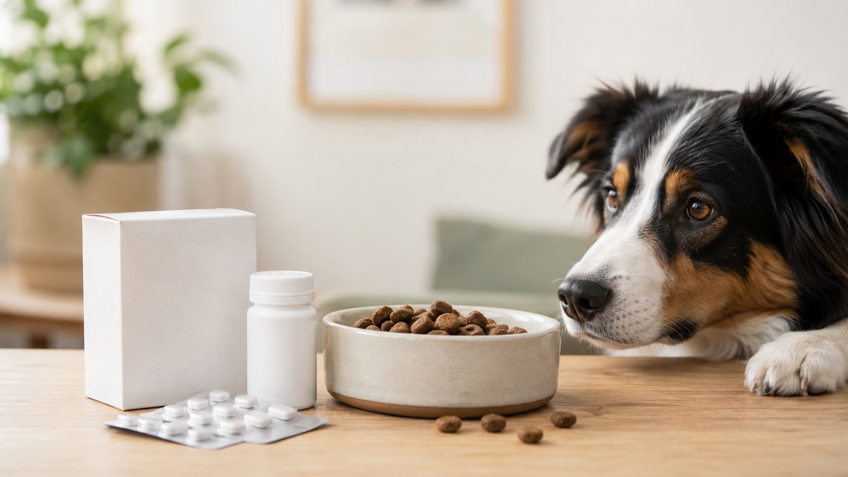 Chien qui regarde sa gamelle et ses médicaments